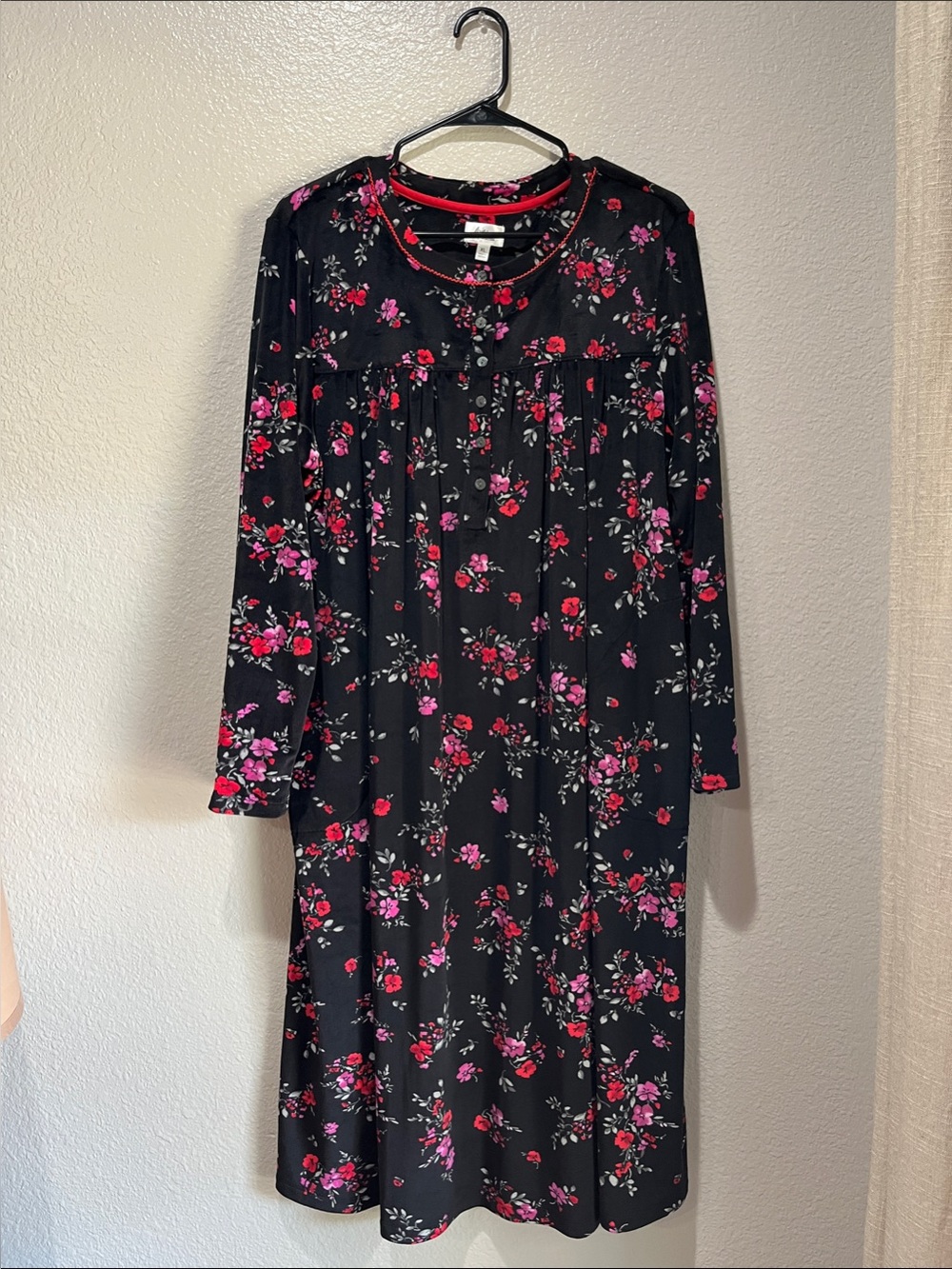 Aria Black Long Sleeve Dress Pink & Red Floral Print Sz XL Comfy Feminine